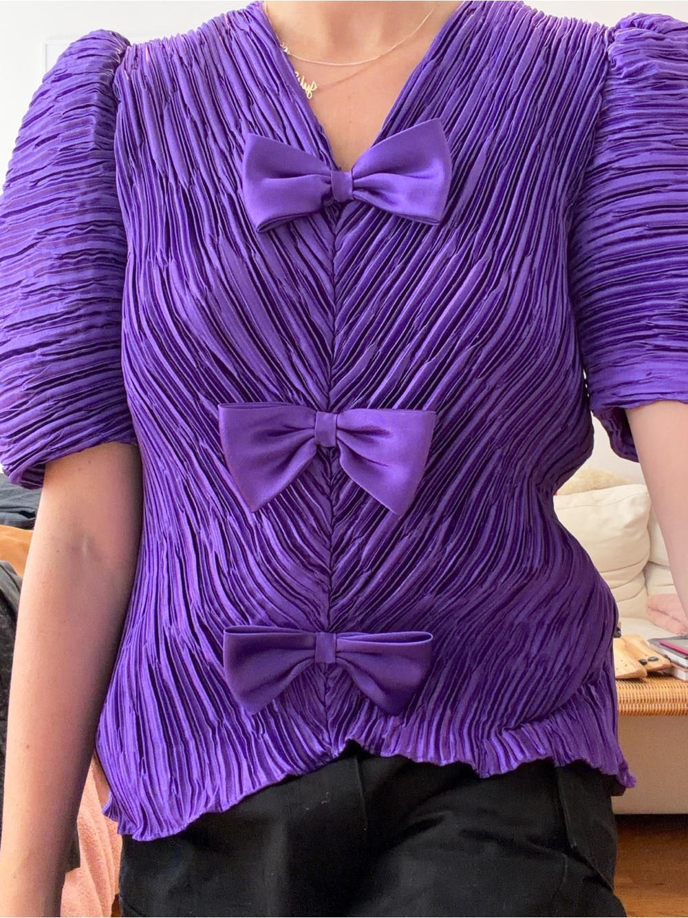 Purple Pleated Bow-Accent Women's Top